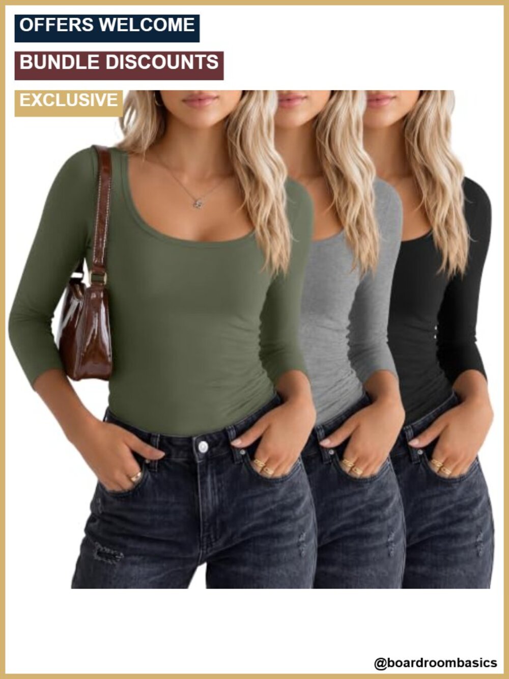 3 Pack Women's 3/4 Sleeve Scoop Neck Tops Slim Fit Knit Shirts